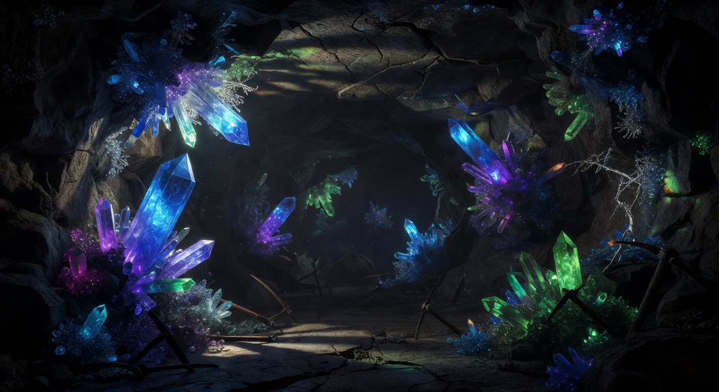 Dark underground mining cavern with glowing crystalline structures